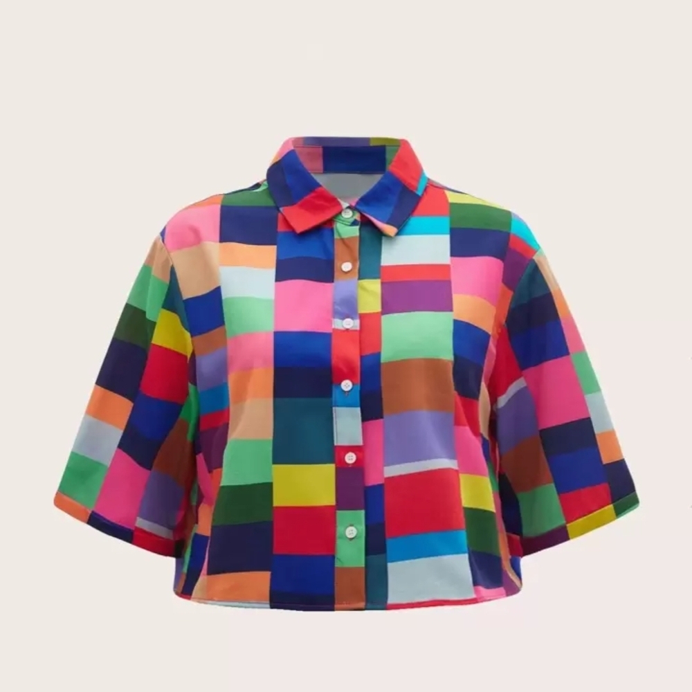 Colourful Checkered/Plaid Button-Up Short Sleeve Shirt with Collar
